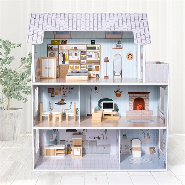 Wooden Dollhouse With Furniture